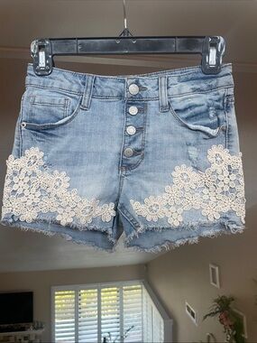 Imperial Star Light Blue Denim Shorts with Ivory Lace
